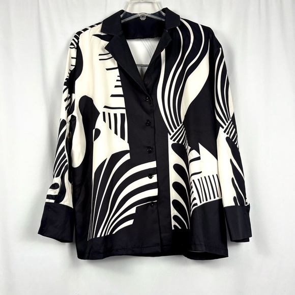 Two Piece Black And Cream Long Sleeve Pantsuit with Abstract Print - Picture 2 of 10